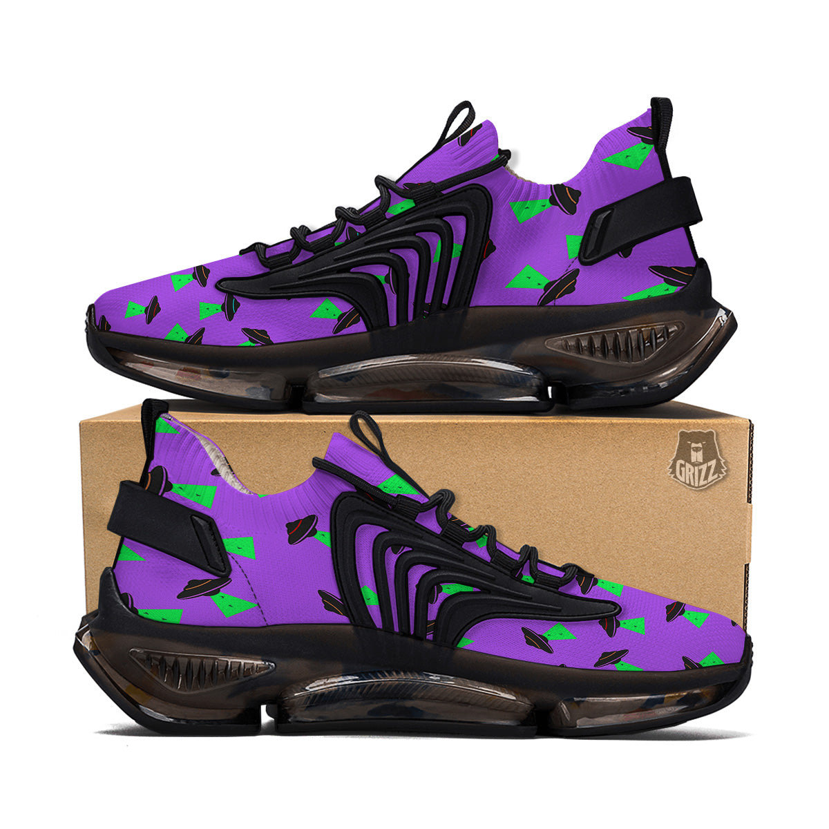 Purple UFO Alien Spaceship Print Pattern Black Gym Shoes-grizzshop