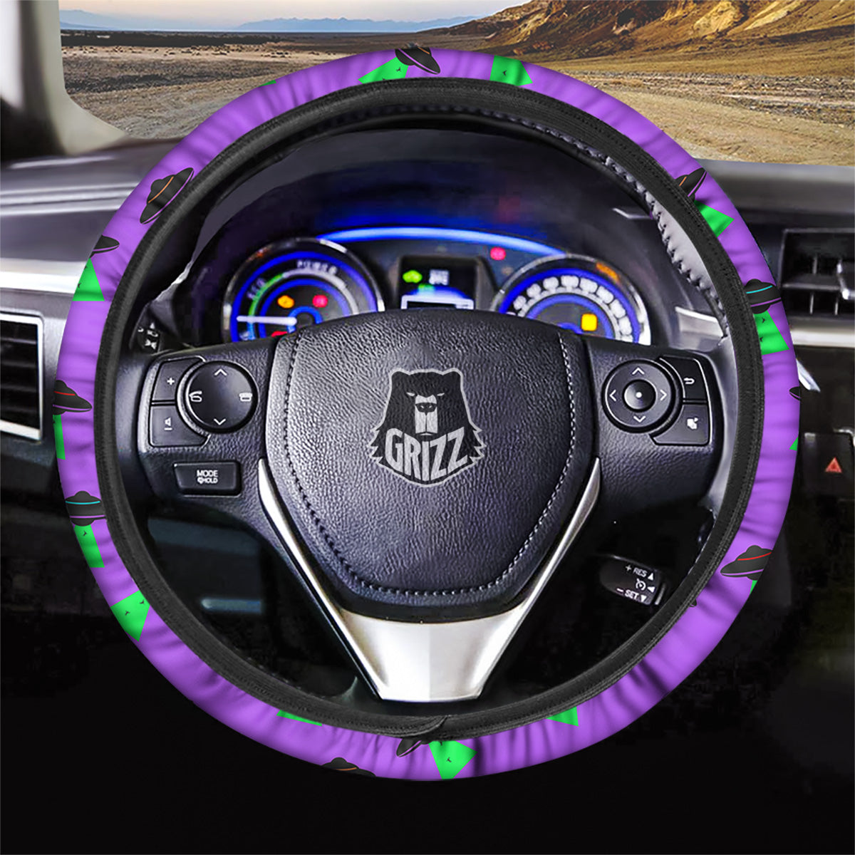 Purple UFO Alien Spaceship Print Pattern Car Steering Wheel Cover-grizzshop