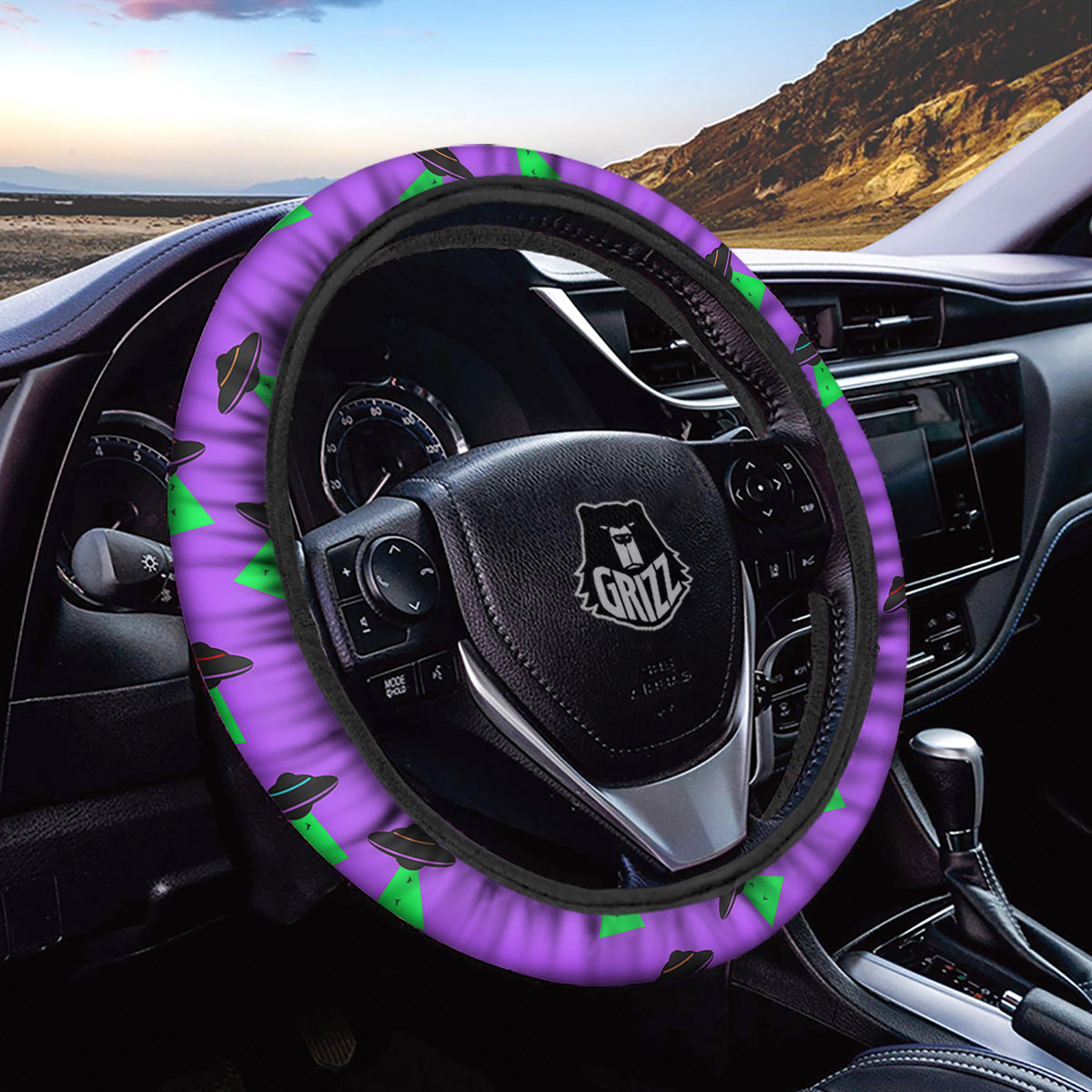 Purple UFO Alien Spaceship Print Pattern Car Steering Wheel Cover-grizzshop