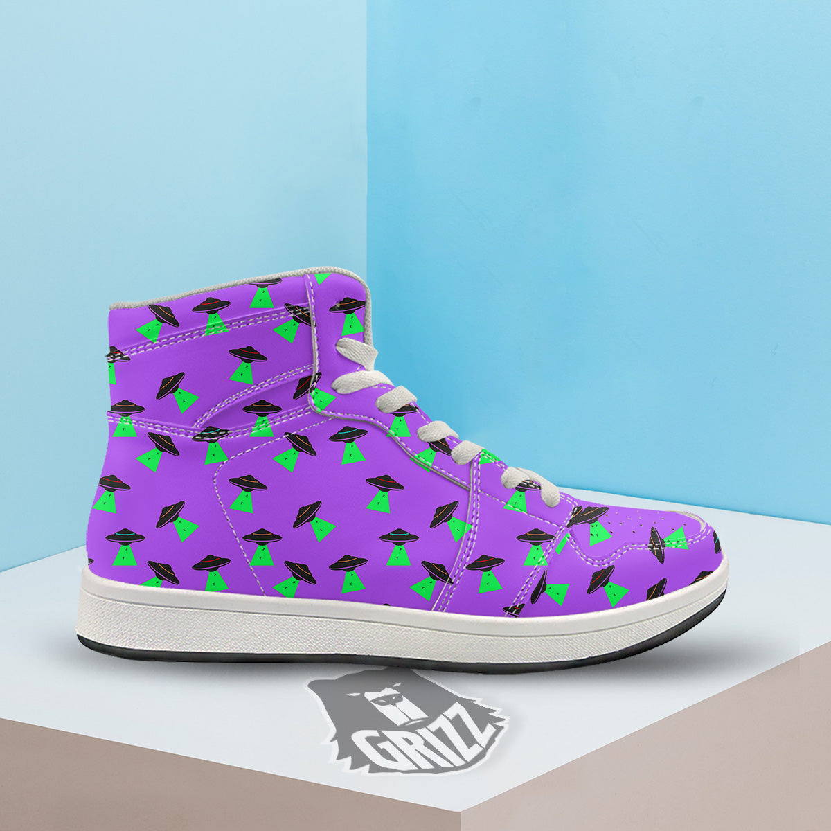 Purple UFO Alien Spaceship Print Pattern High Top Sneakers-grizzshop