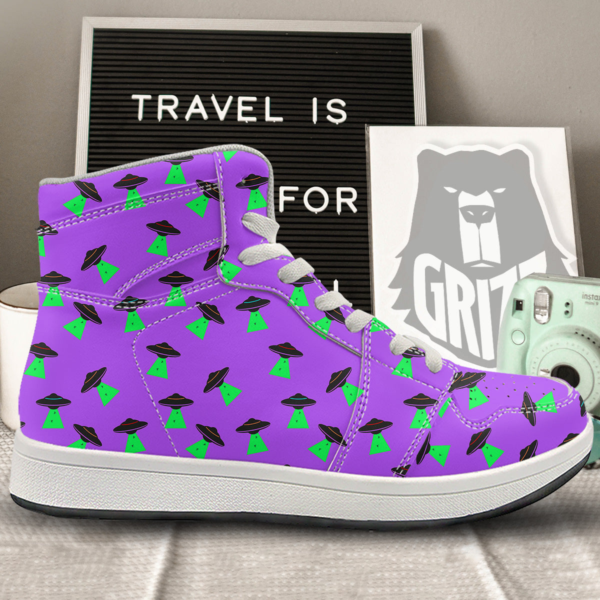 Purple UFO Alien Spaceship Print Pattern High Top Sneakers-grizzshop