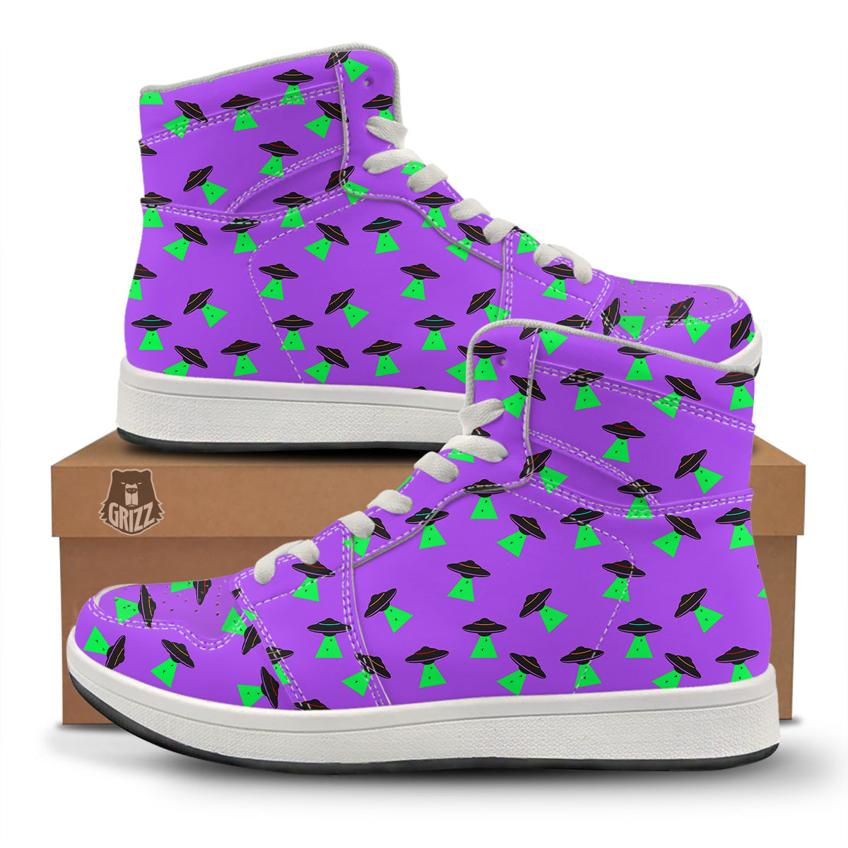 Purple UFO Alien Spaceship Print Pattern High Top Sneakers-grizzshop