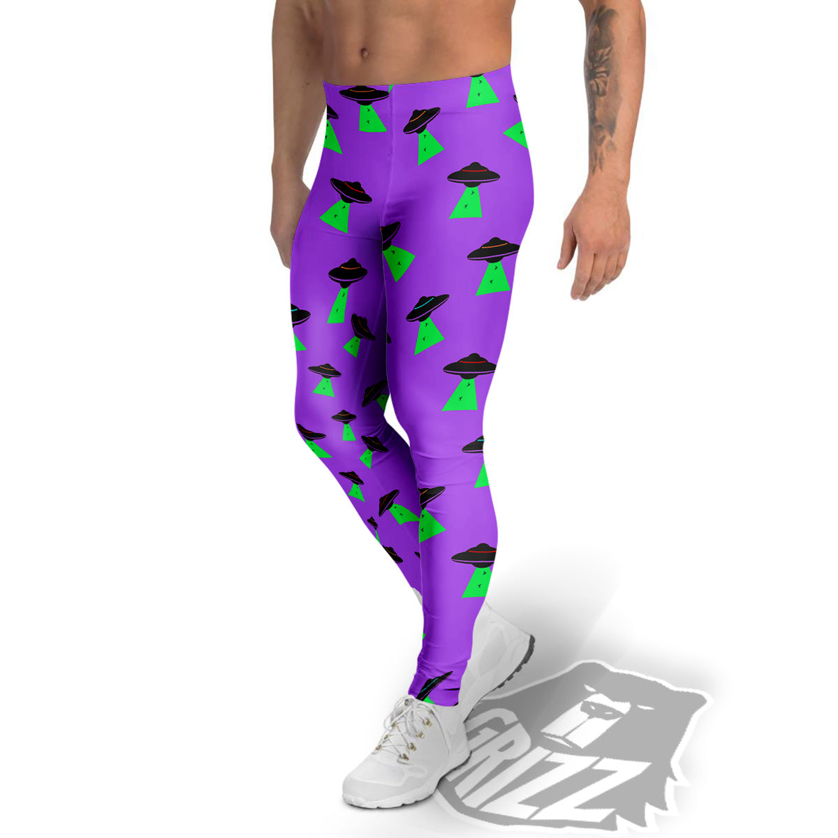 Purple UFO Alien Spaceship Print Pattern Men's Leggings-grizzshop