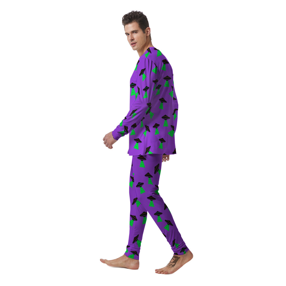 Purple UFO Alien Spaceship Print Pattern Men's Pajamas-grizzshop