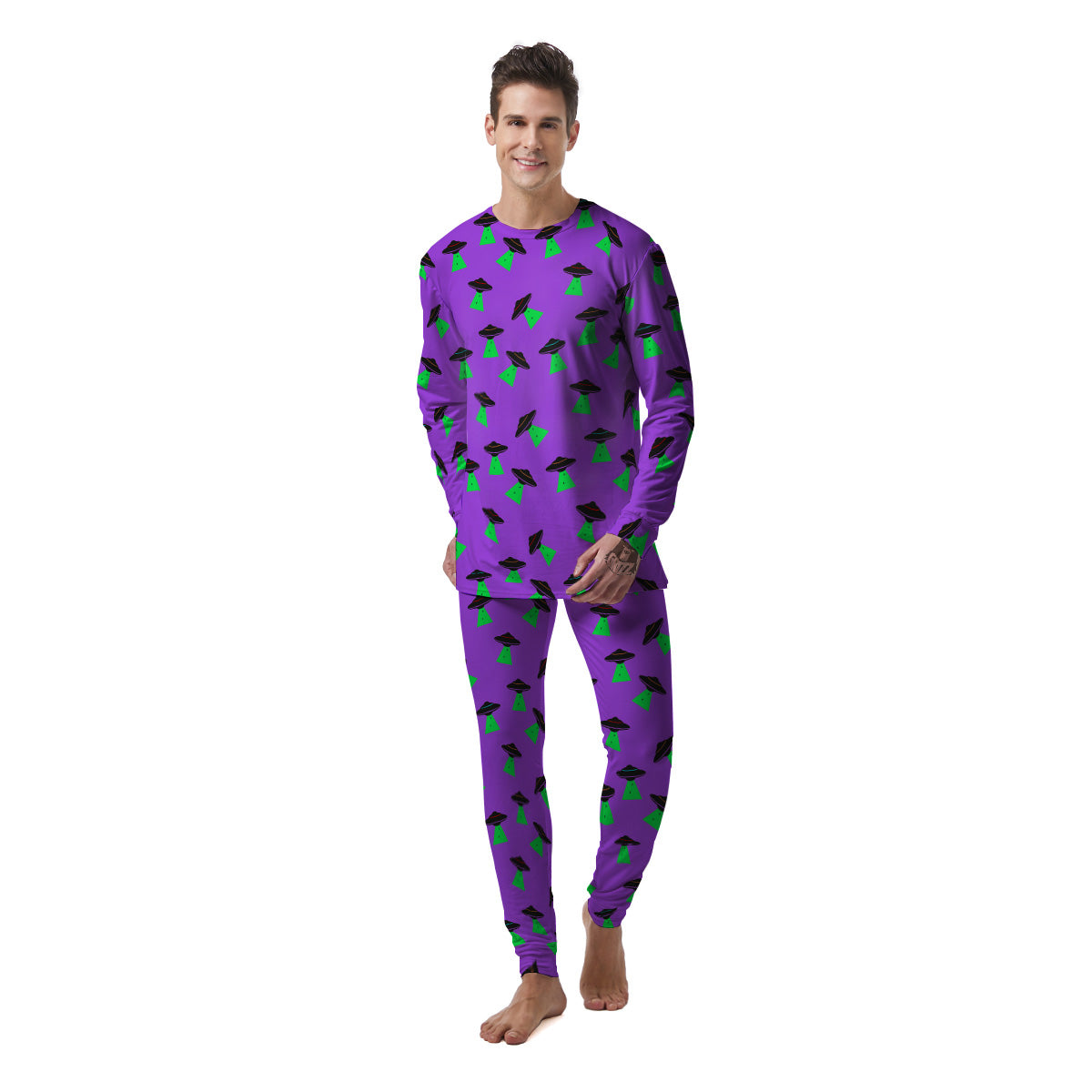 Purple UFO Alien Spaceship Print Pattern Men's Pajamas-grizzshop