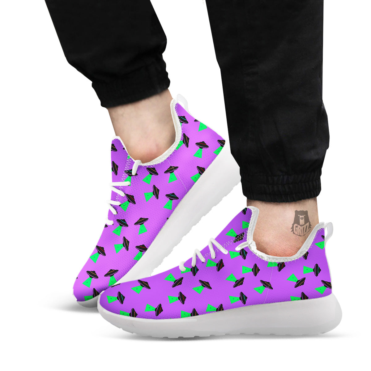 Purple UFO Alien Spaceship Print Pattern White Athletic Shoes-grizzshop