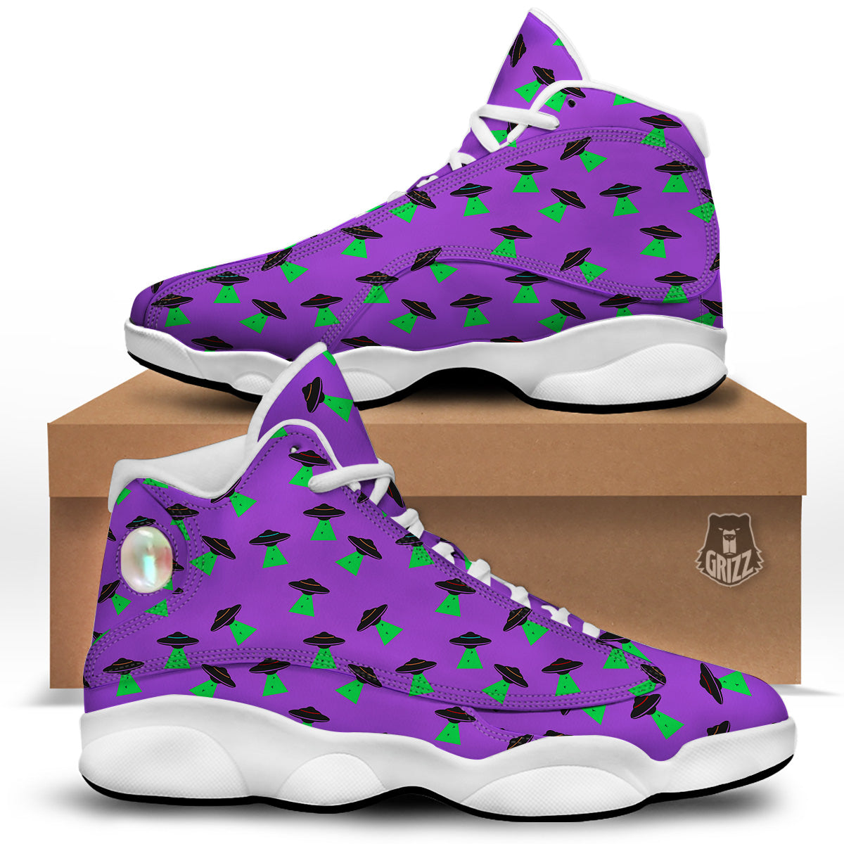 Purple UFO Alien Spaceship Print Pattern White Basketball Shoes-grizzshop