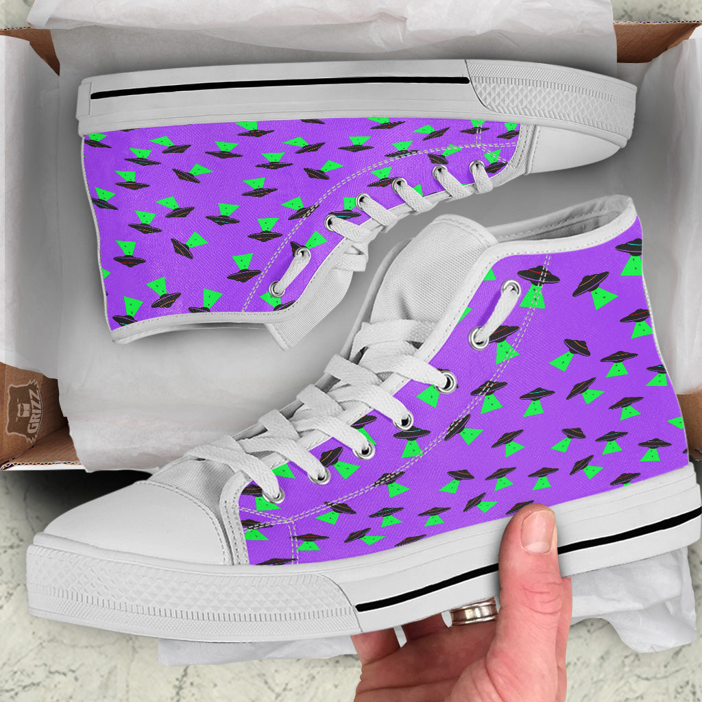 Purple UFO Alien Spaceship Print Pattern White High Top Shoes-grizzshop