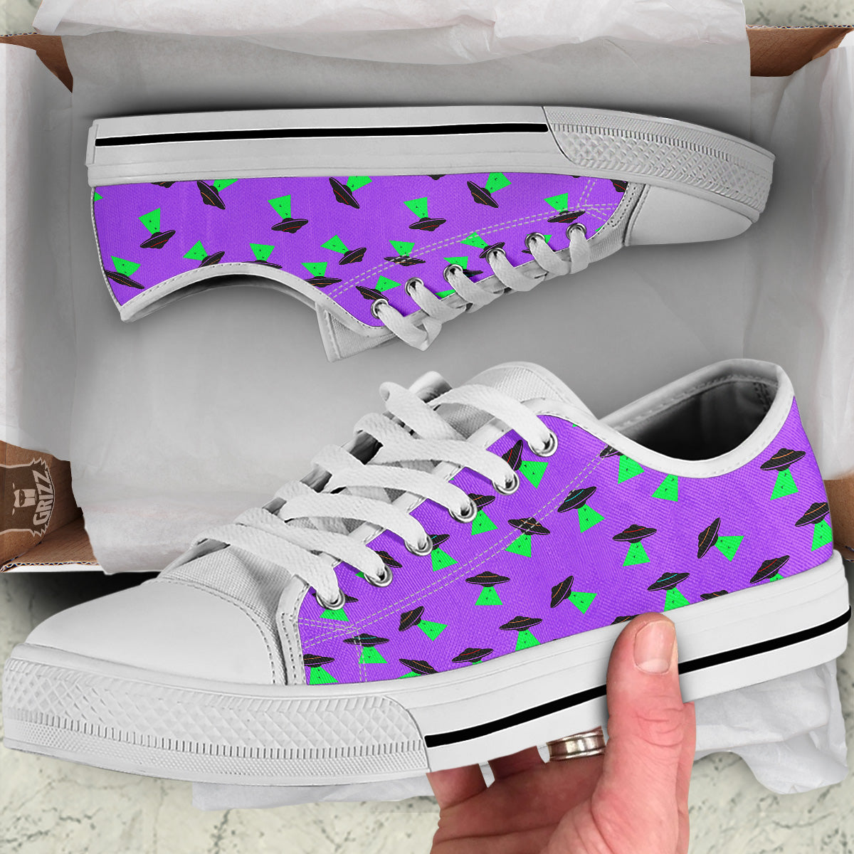 Purple UFO Alien Spaceship Print Pattern White Low Top Shoes-grizzshop