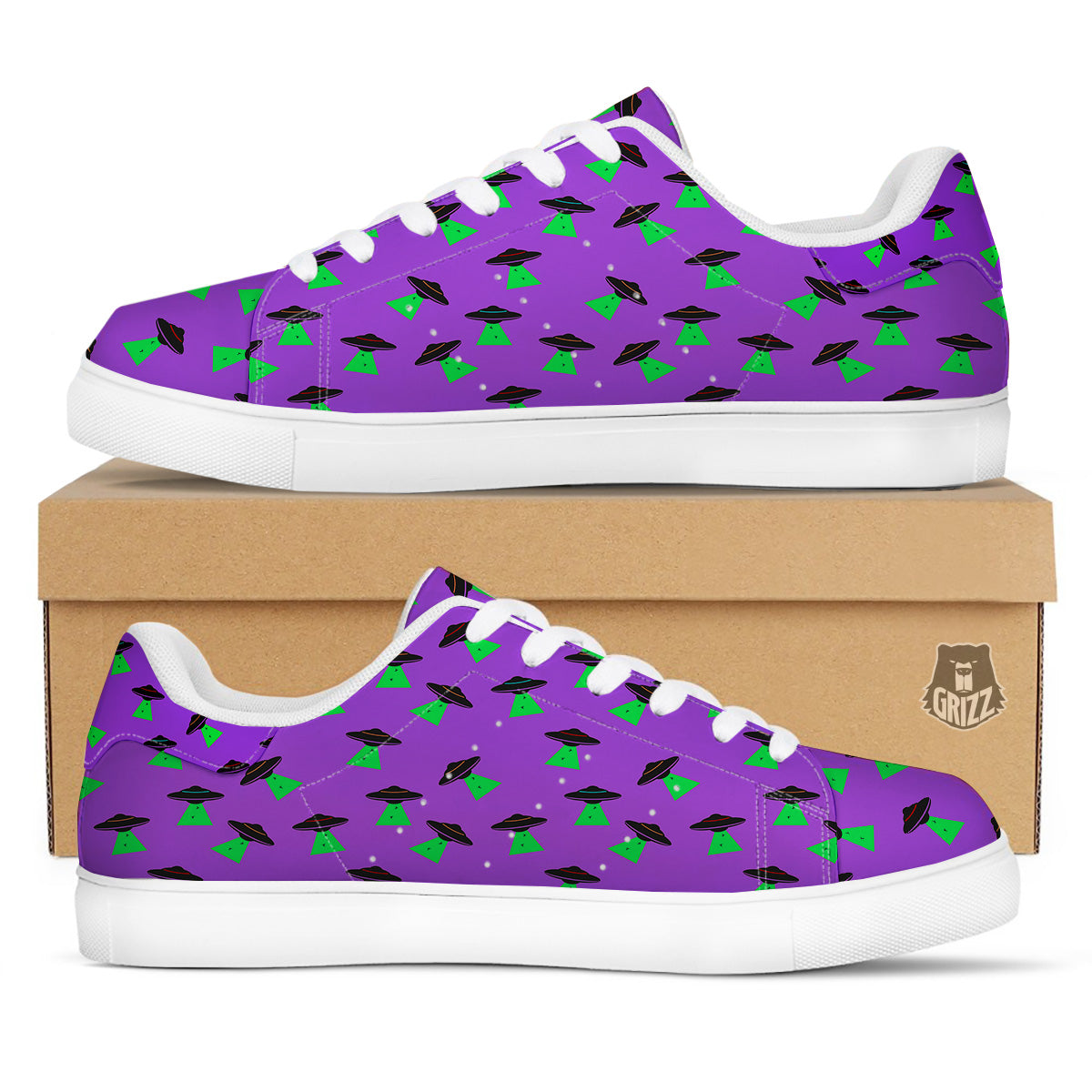 Purple UFO Alien Spaceship Print Pattern White Low Top Sneakers-grizzshop