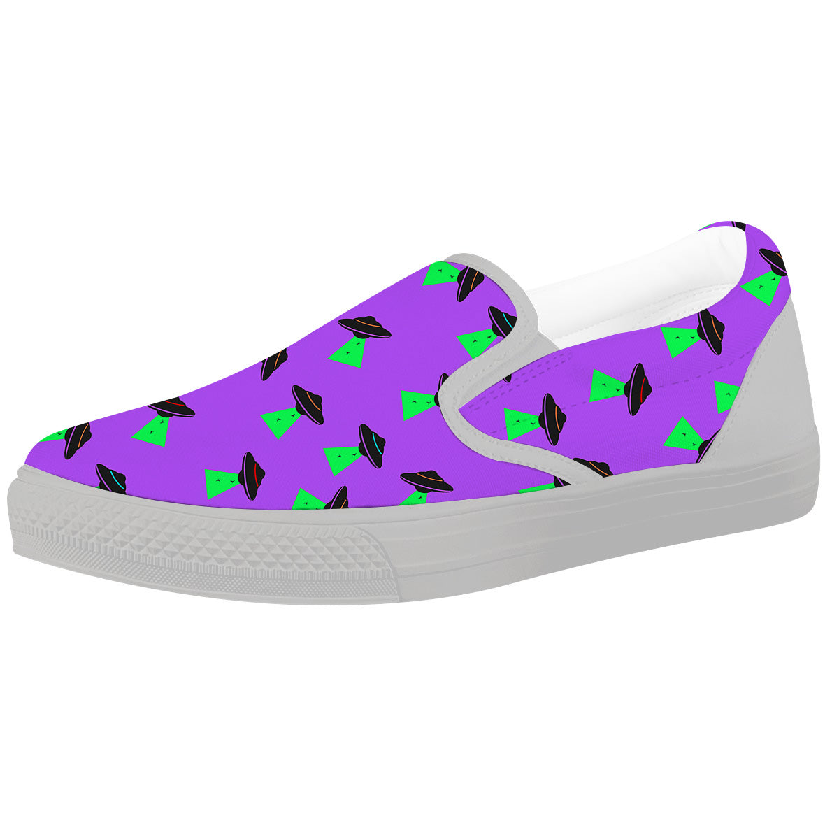 Purple UFO Alien Spaceship Print Pattern White Slip On Shoes-grizzshop