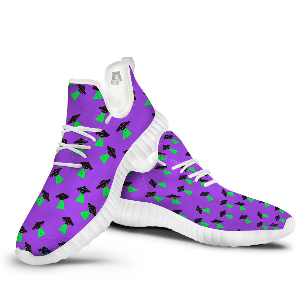 Purple UFO Alien Spaceship Print Pattern White Walking Shoes-grizzshop