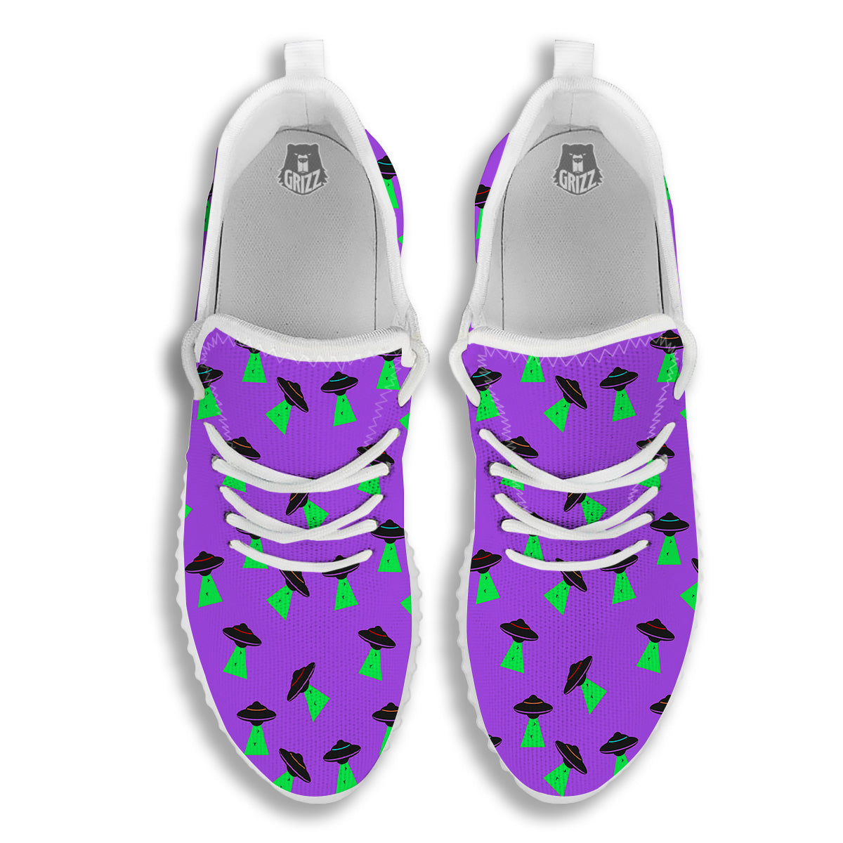 Purple UFO Alien Spaceship Print Pattern White Walking Shoes-grizzshop