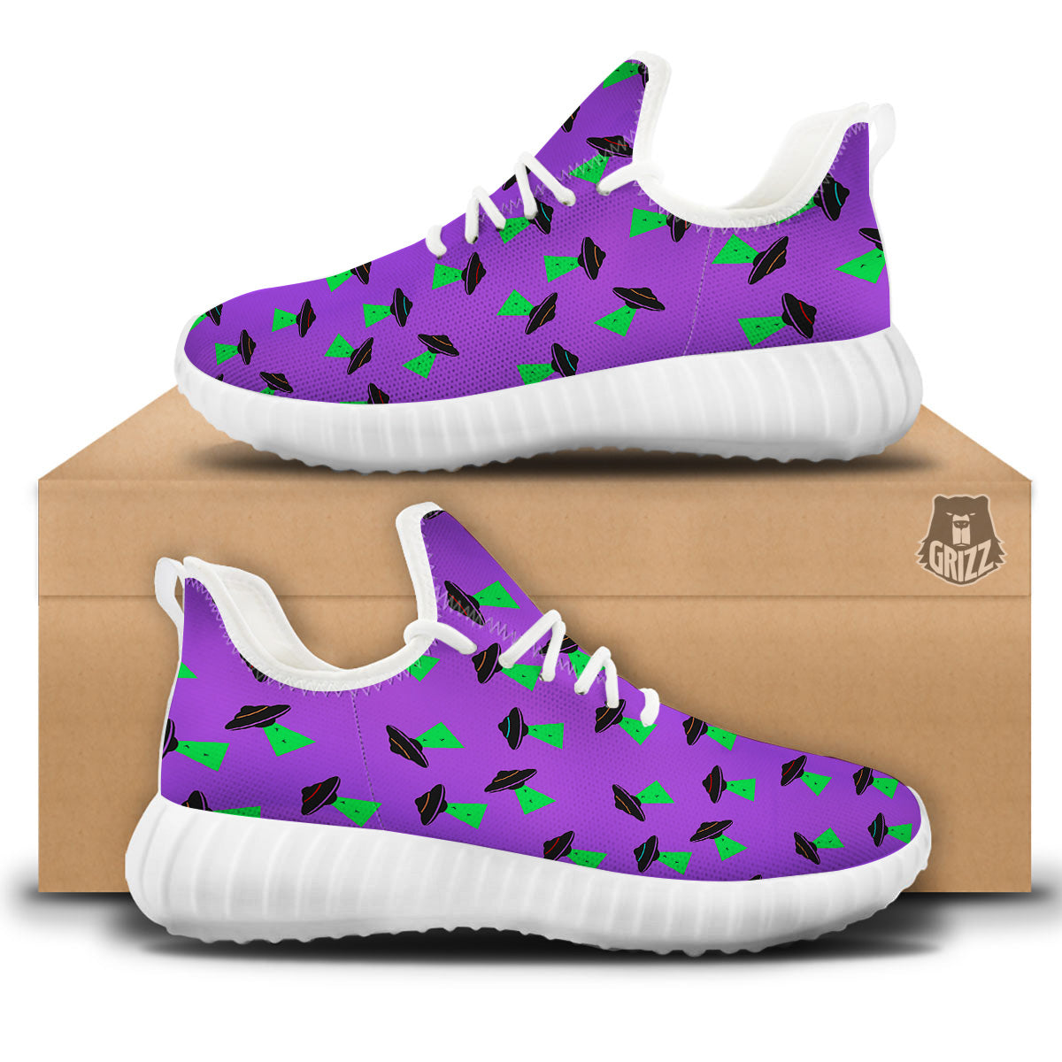 Purple UFO Alien Spaceship Print Pattern White Walking Shoes-grizzshop