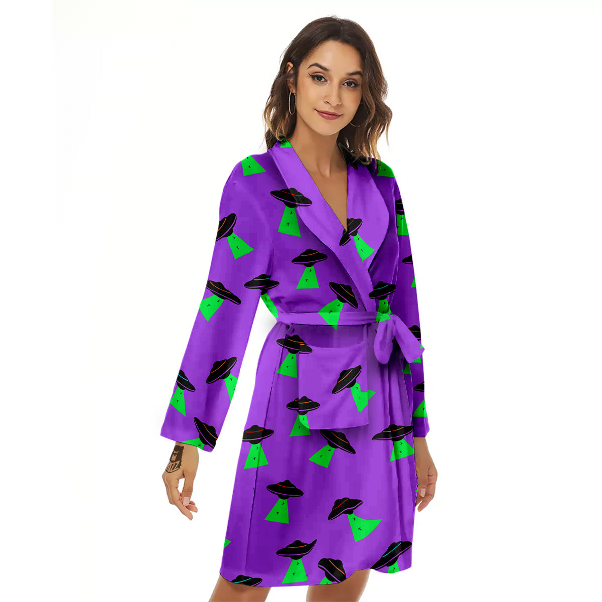 Purple UFO Alien Spaceship Print Pattern Women's Robe-grizzshop