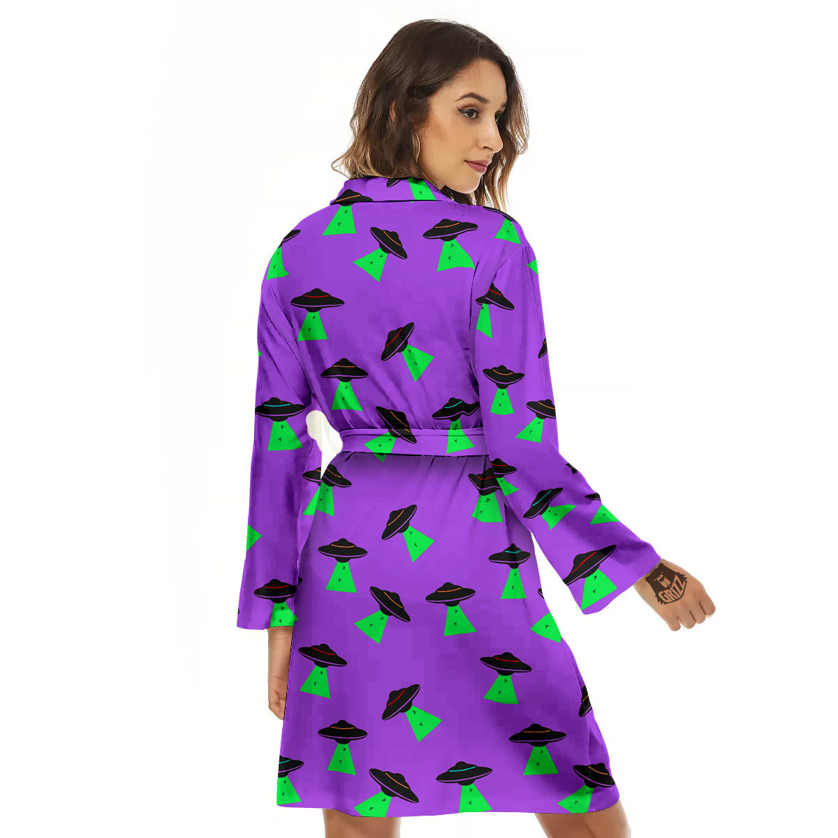 Purple UFO Alien Spaceship Print Pattern Women's Robe-grizzshop
