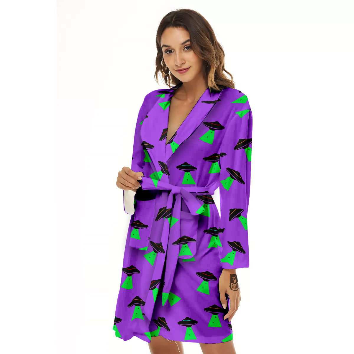 Purple UFO Alien Spaceship Print Pattern Women's Robe-grizzshop