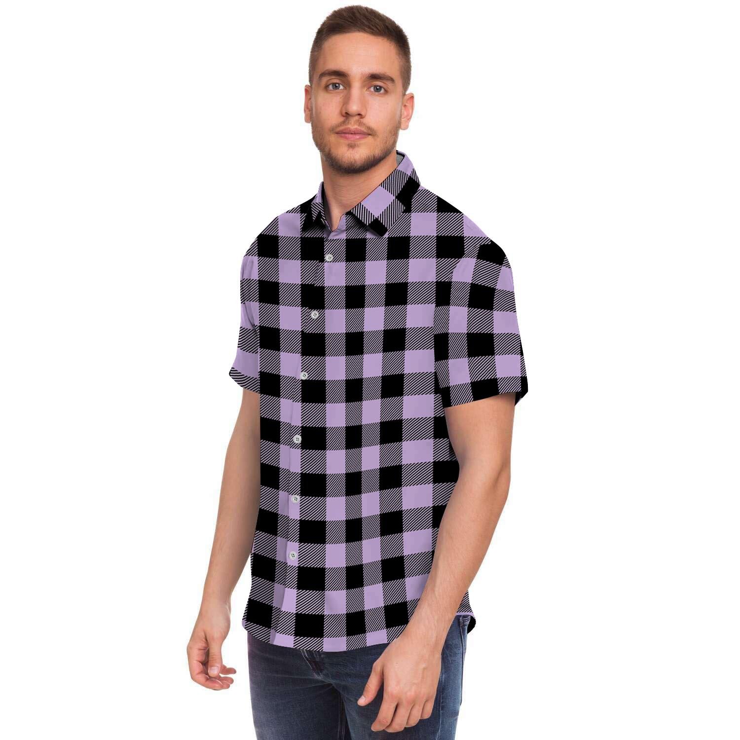 Purple Violet Plaid Men's Short Sleeve Shirt-grizzshop
