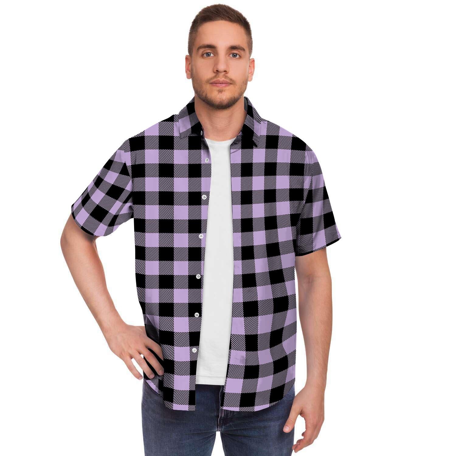 Purple Violet Plaid Men's Short Sleeve Shirt-grizzshop