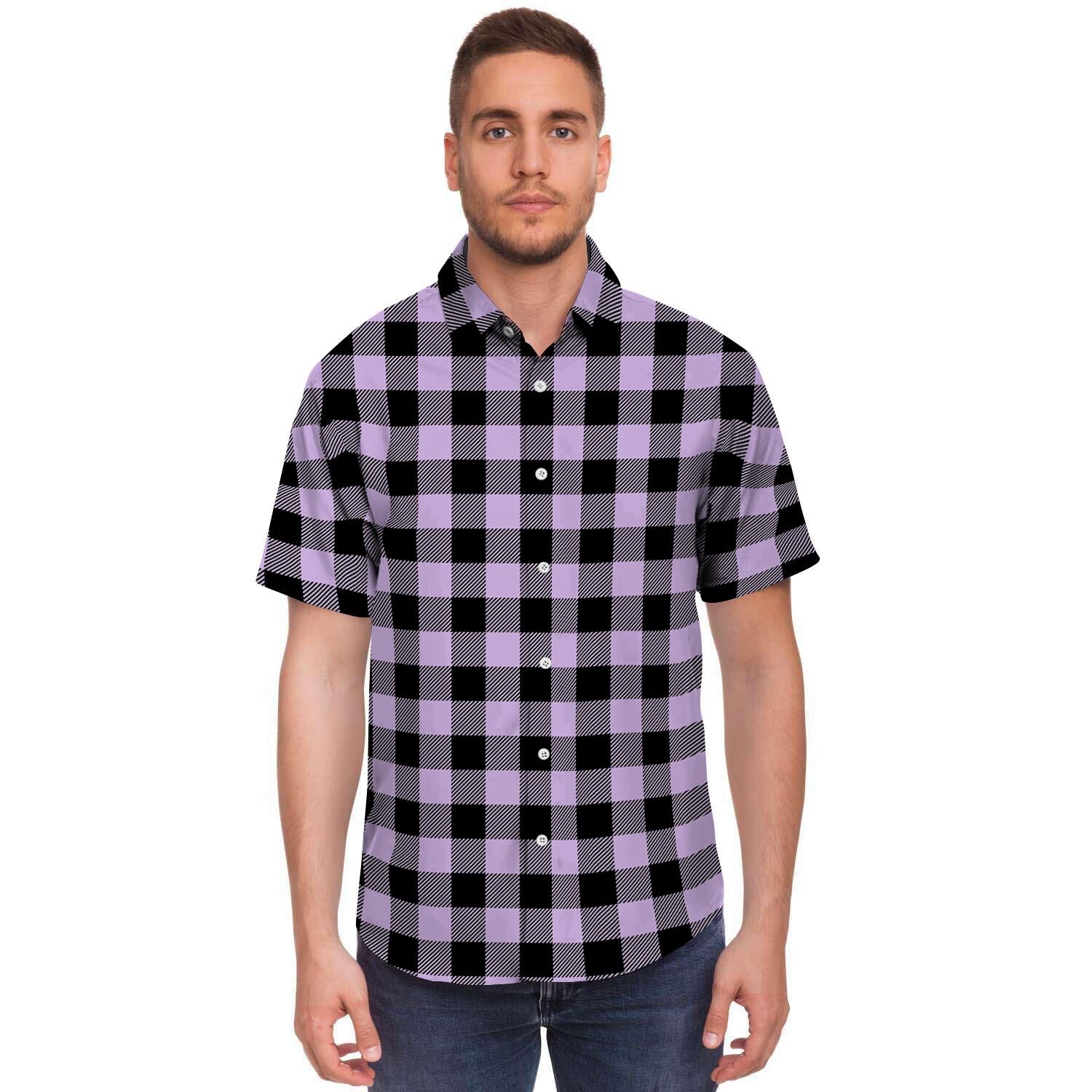 Purple Violet Plaid Men's Short Sleeve Shirt-grizzshop