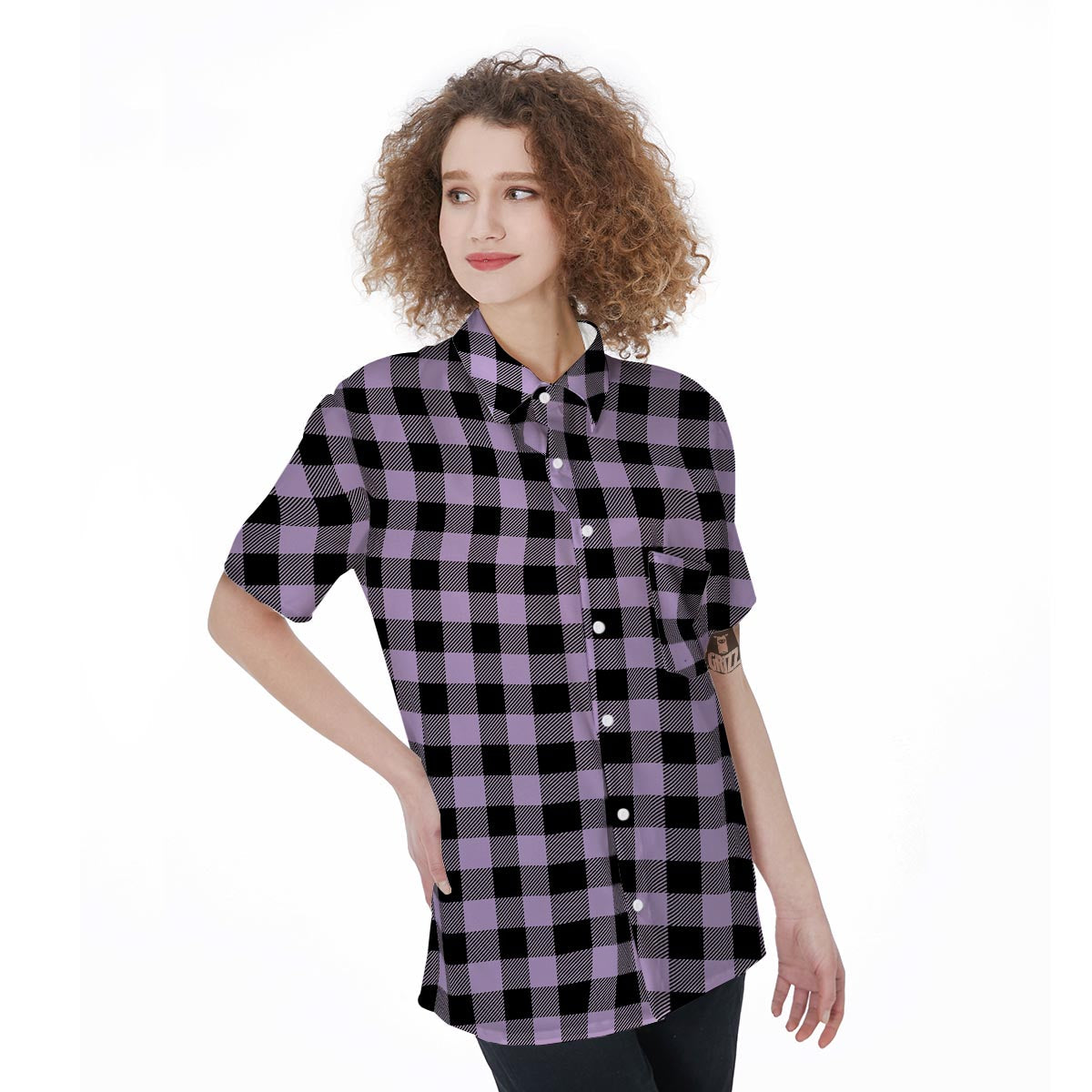 Purple Violet Plaid Women's Short Sleeve Shirts-grizzshop
