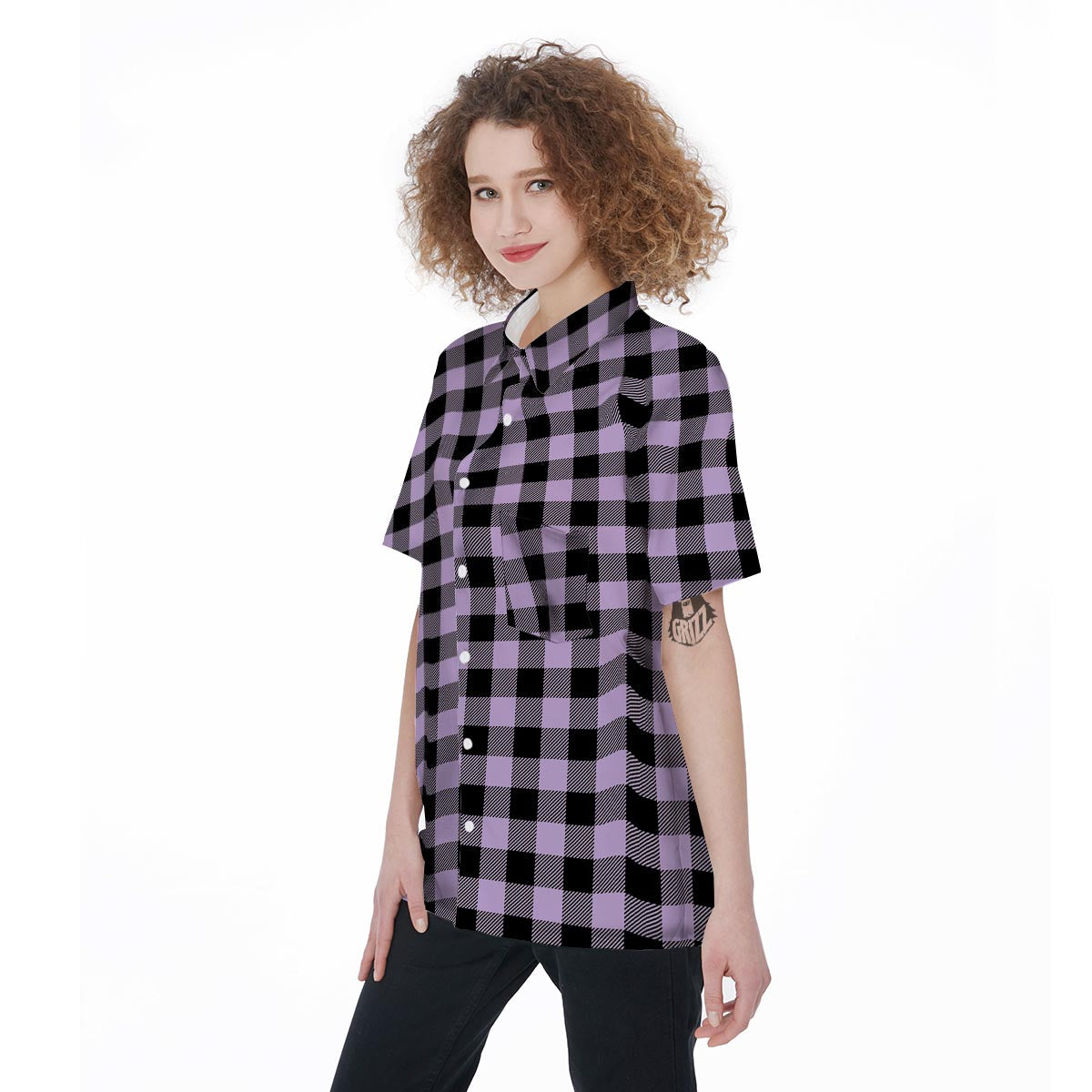 Purple Violet Plaid Women's Short Sleeve Shirts-grizzshop
