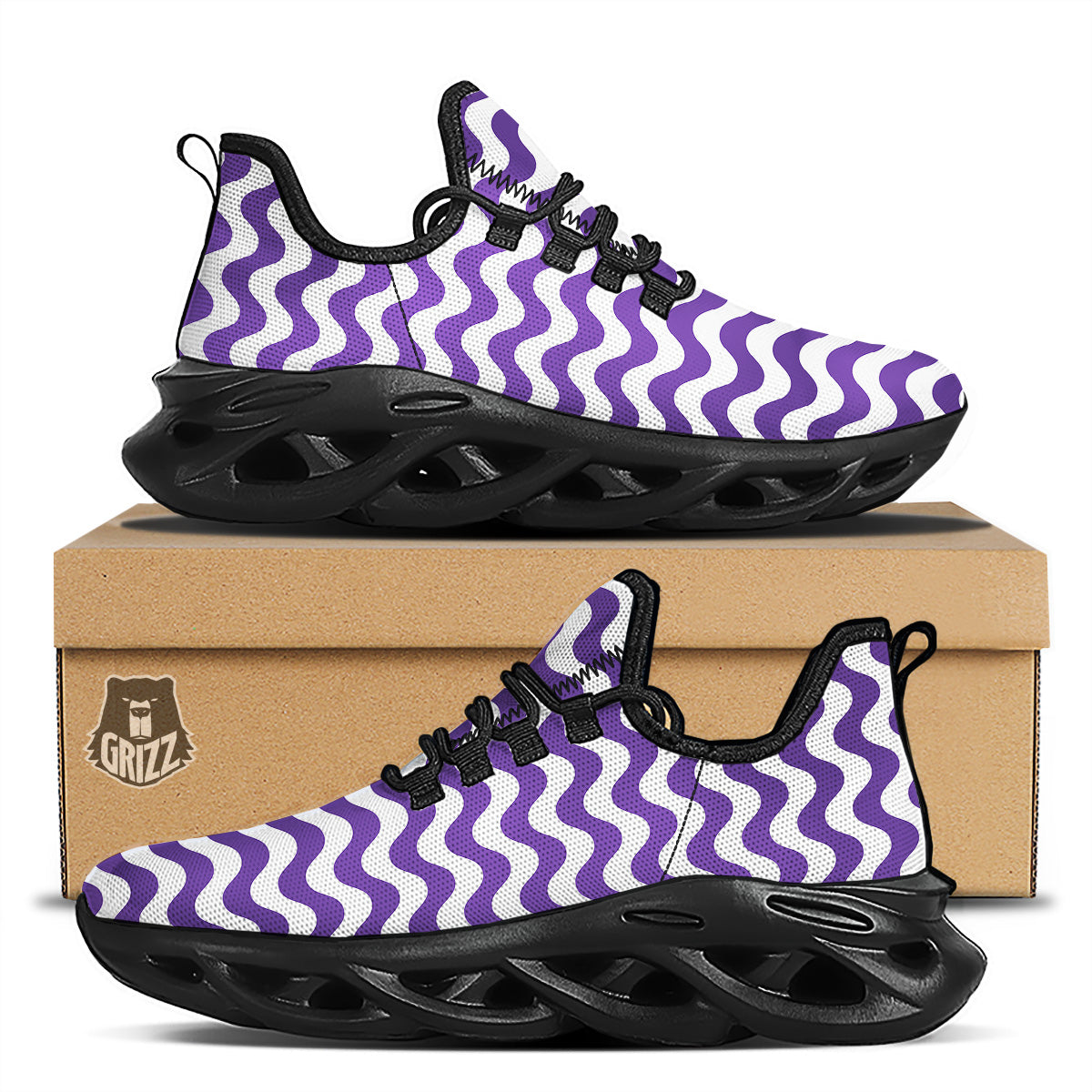 Purple Wave Striped Print Black Running Shoes-grizzshop