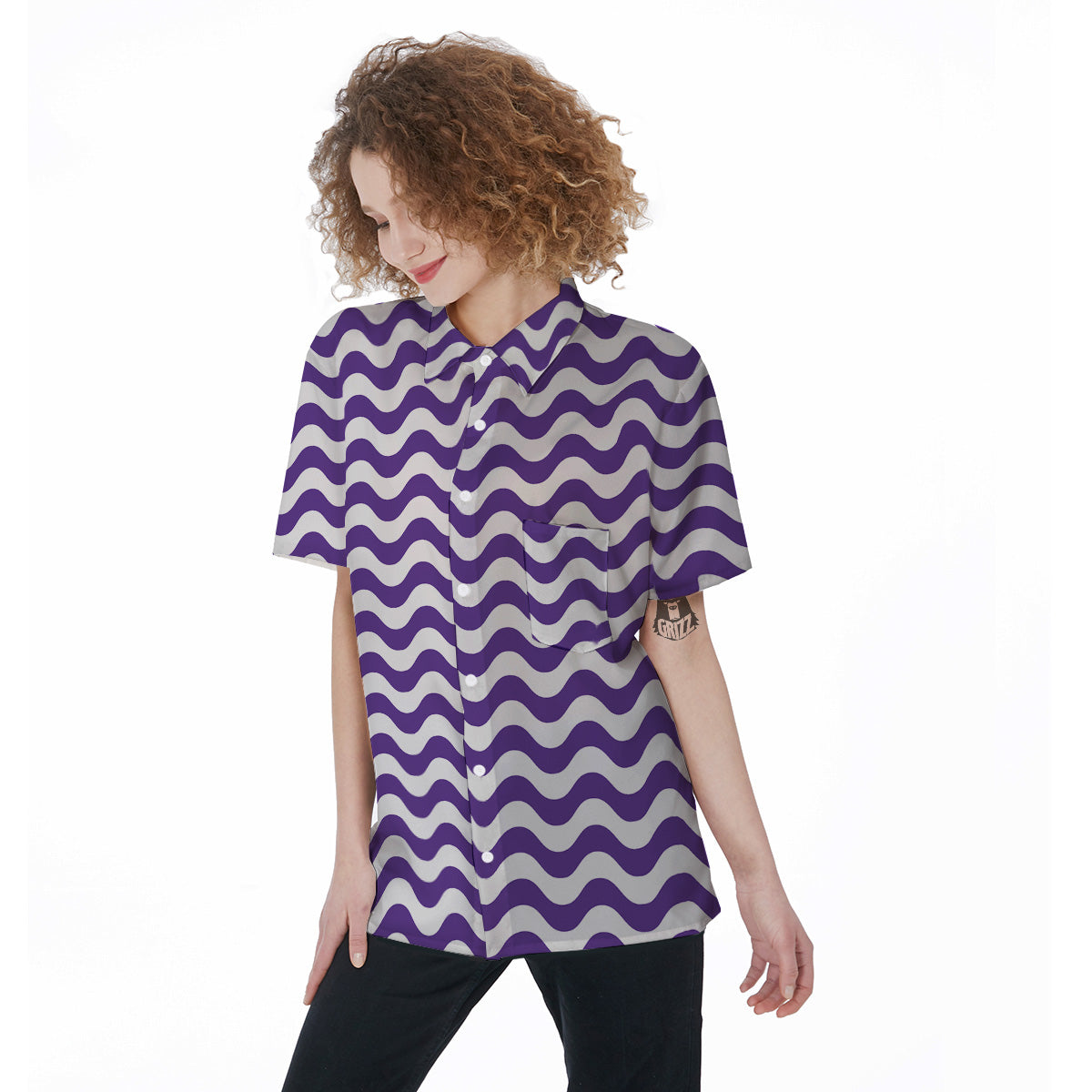 Purple Wave Striped Print Women's Short Sleeve Shirts-grizzshop