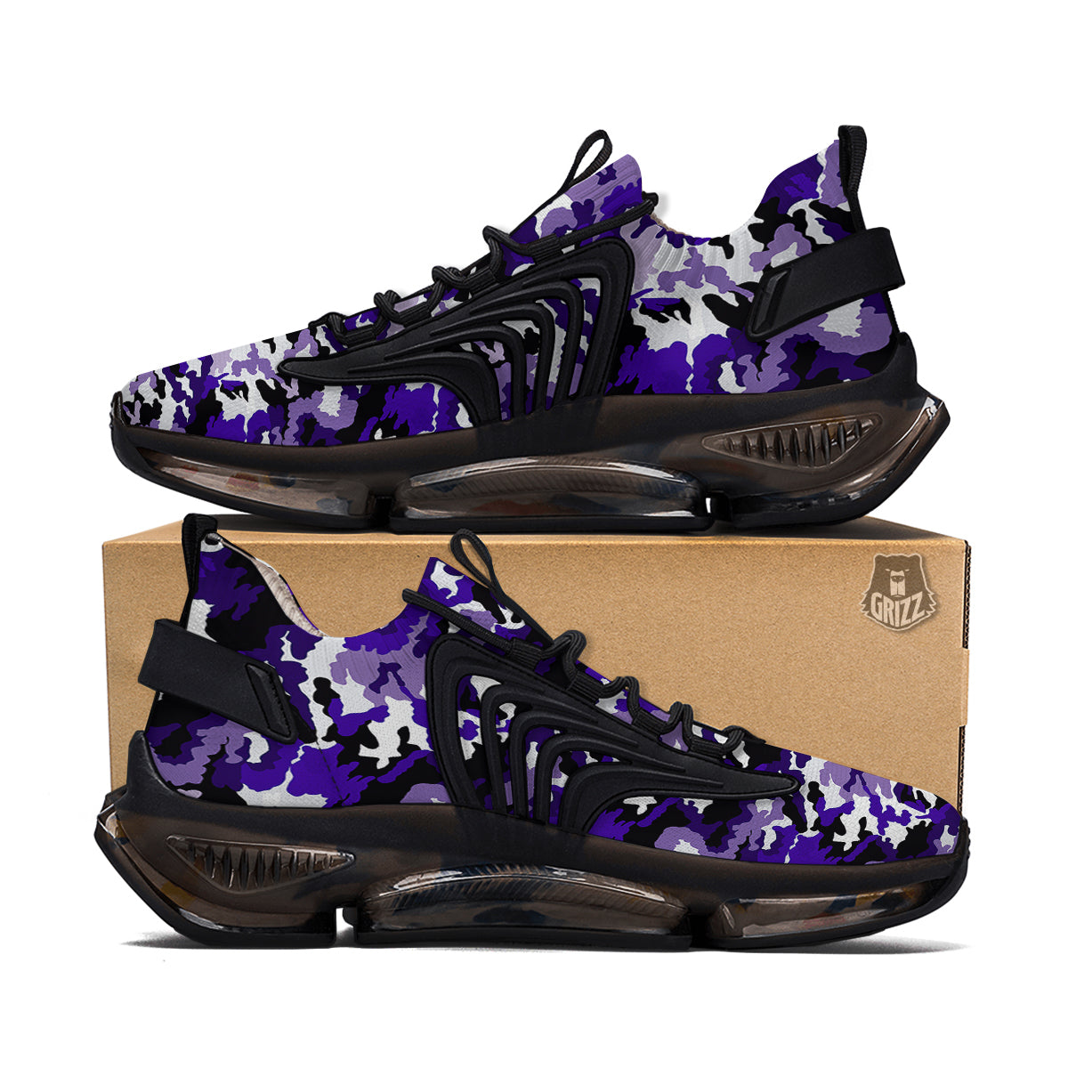 Purple White Abstract Camouflage Print Black Gym Shoes-grizzshop
