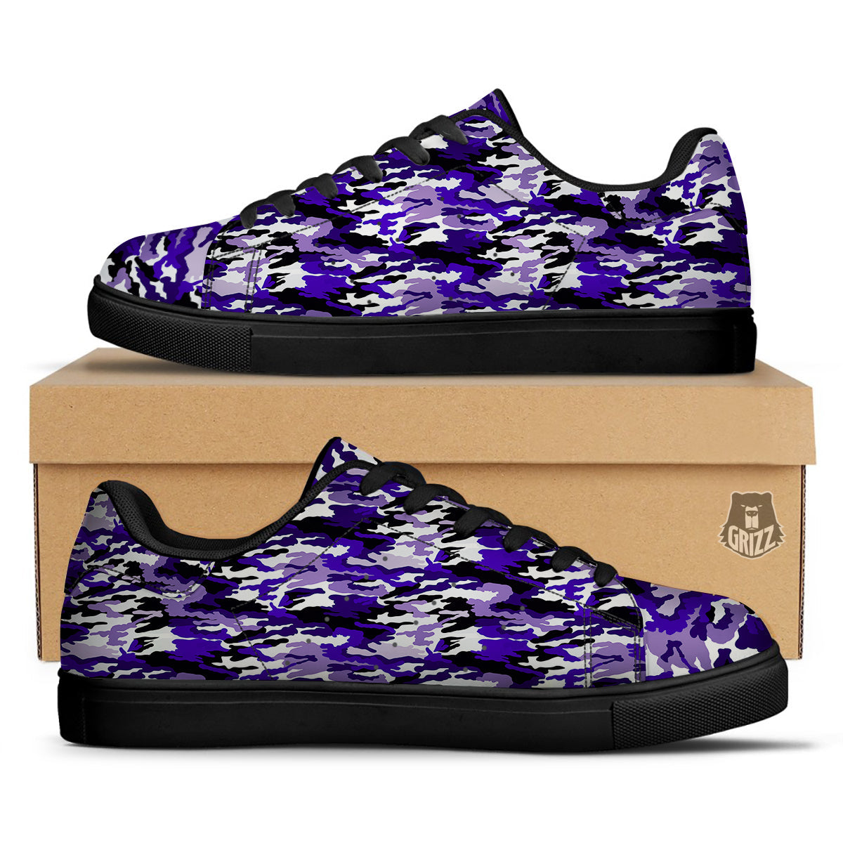 Purple White Abstract Camouflage Print Black Low Top Sneakers-grizzshop