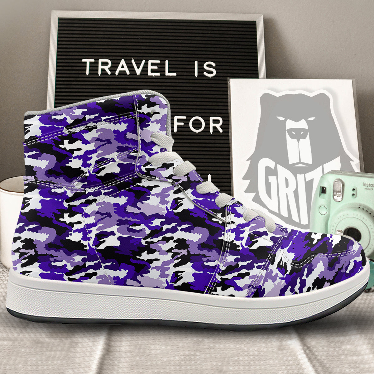Purple White Abstract Camouflage Print High Top Sneakers-grizzshop
