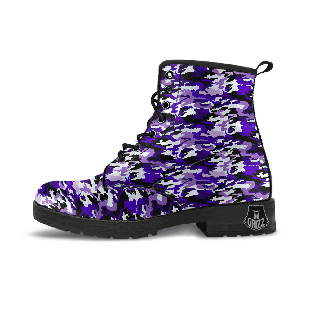 Purple White Abstract Camouflage Print Leather Boots-grizzshop
