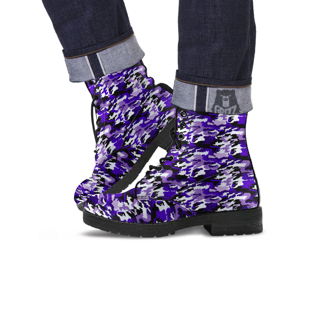 Purple White Abstract Camouflage Print Leather Boots-grizzshop