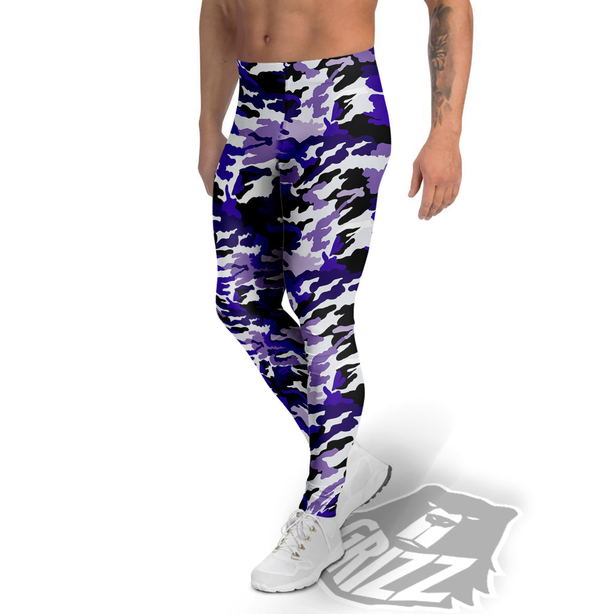 Purple White Abstract Camouflage Print Men's Leggings-grizzshop