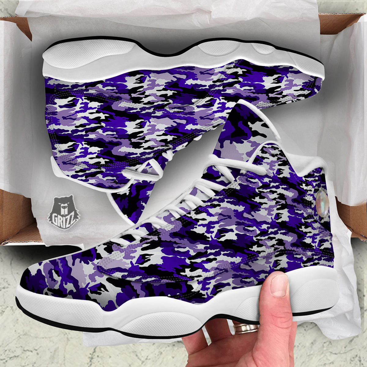 Purple White Abstract Camouflage Print White Basketball Shoes-grizzshop