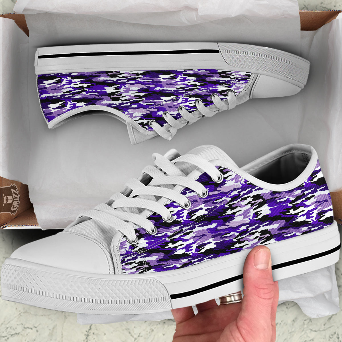 Purple White Abstract Camouflage Print White Low Top Shoes-grizzshop