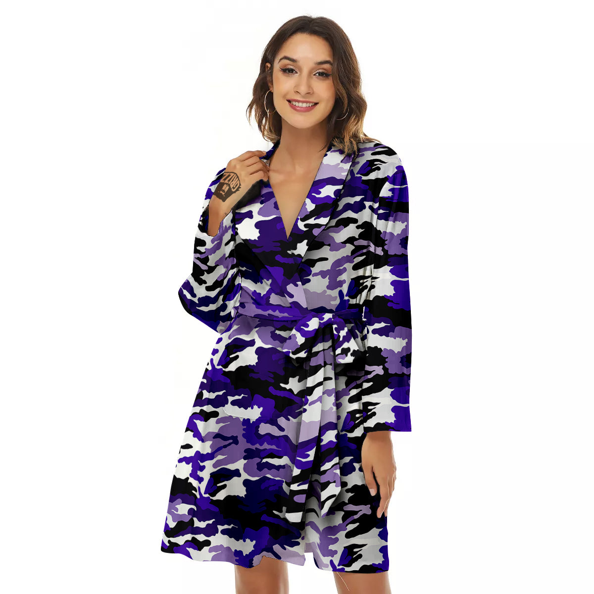 Purple White Abstract Camouflage Print Women's Robe-grizzshop