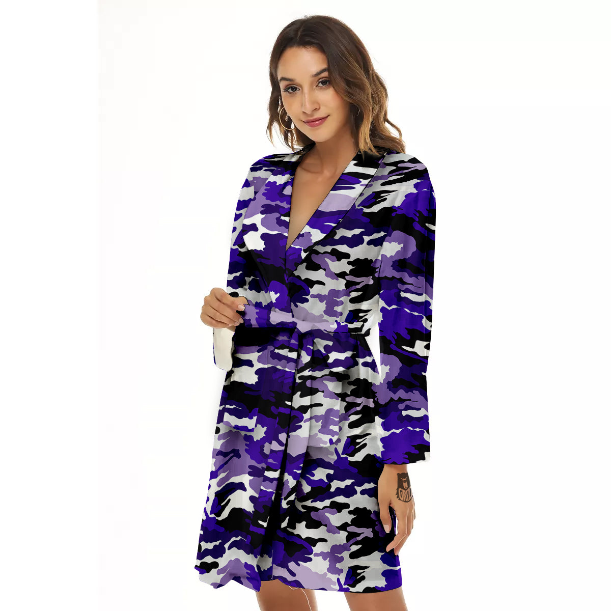 Purple White Abstract Camouflage Print Women's Robe-grizzshop