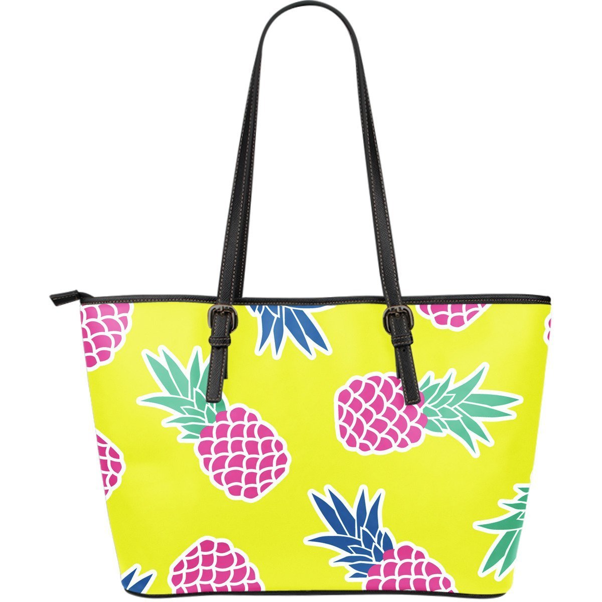 Purple Yellow Tropical Hawaiian Pineapple Purse Print Leather Tote Bag-grizzshop