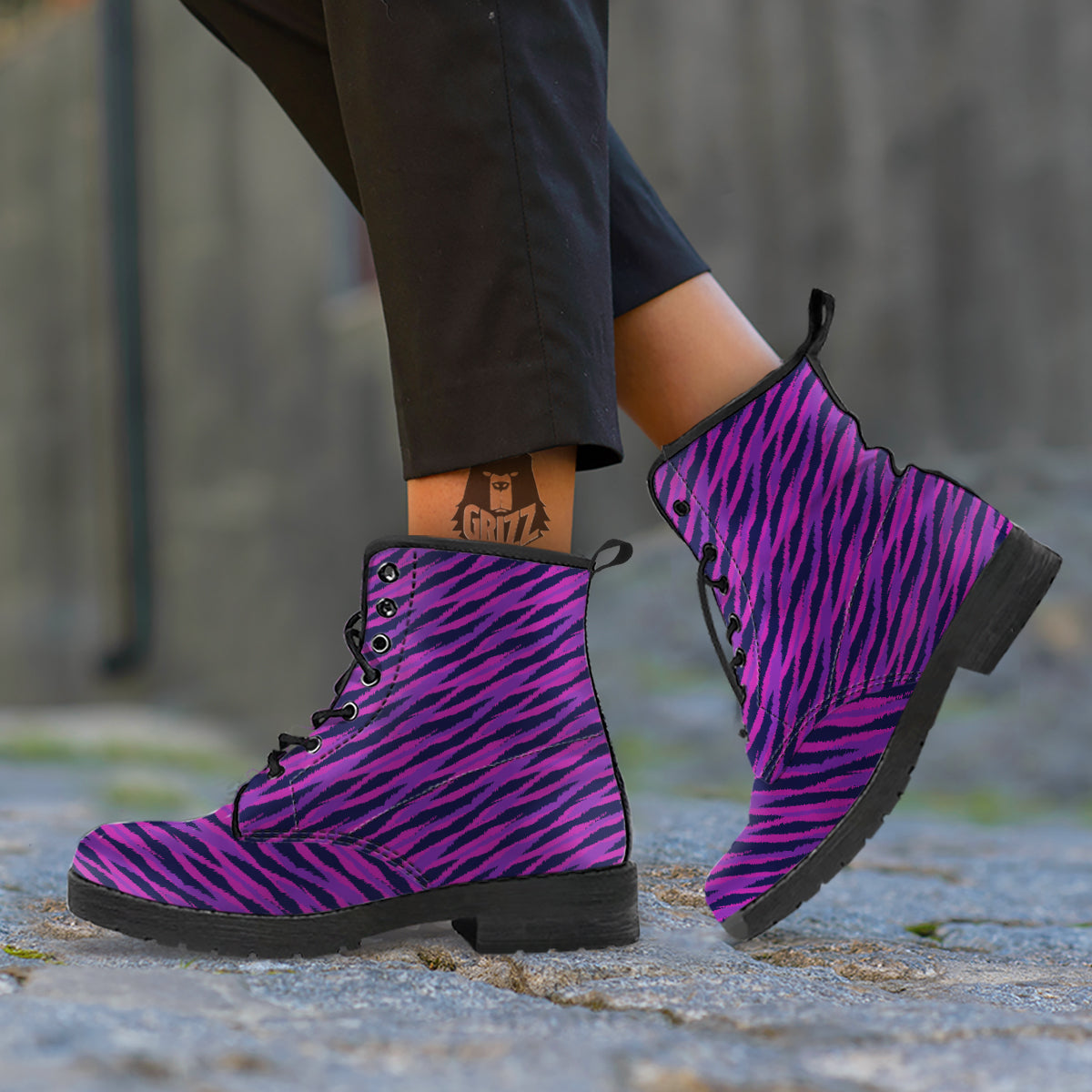 Purple Zebra Print Leather Boots-grizzshop