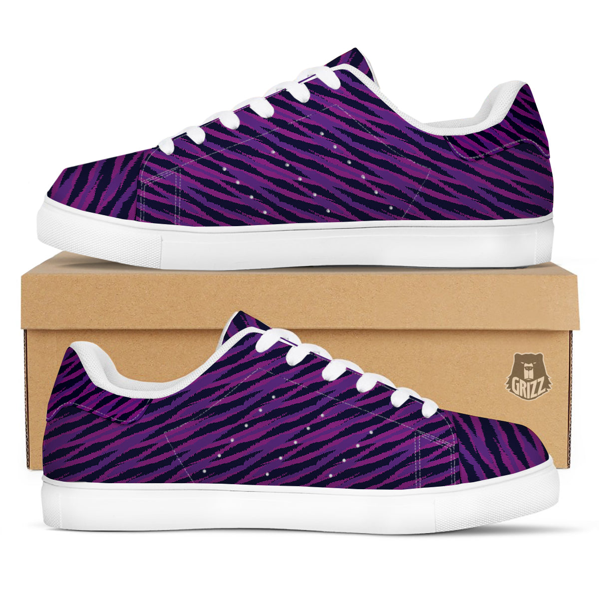 Purple Zebra Print White Low Top Sneakers-grizzshop