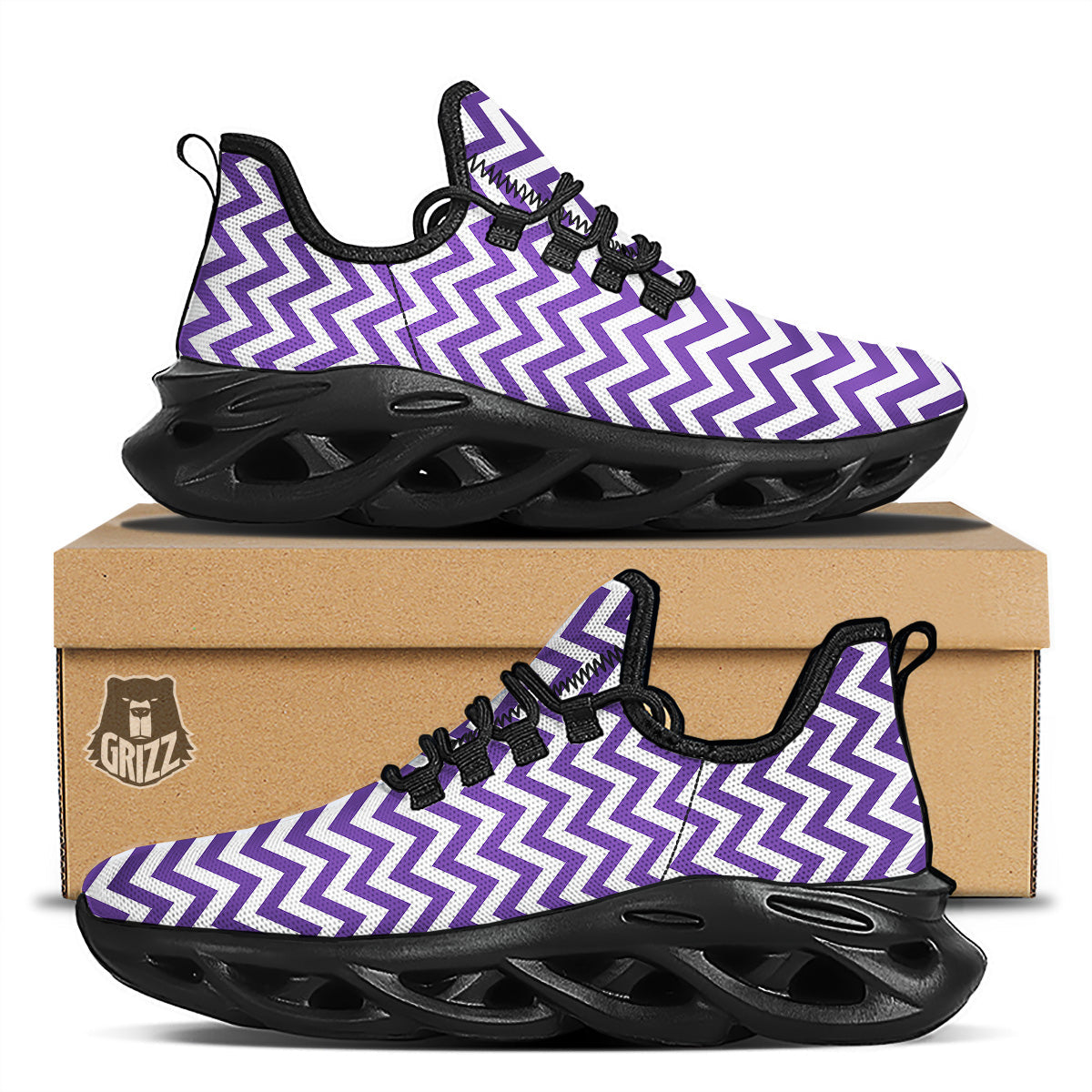 Purple Zigzag Print Pattern Black Running Shoes-grizzshop