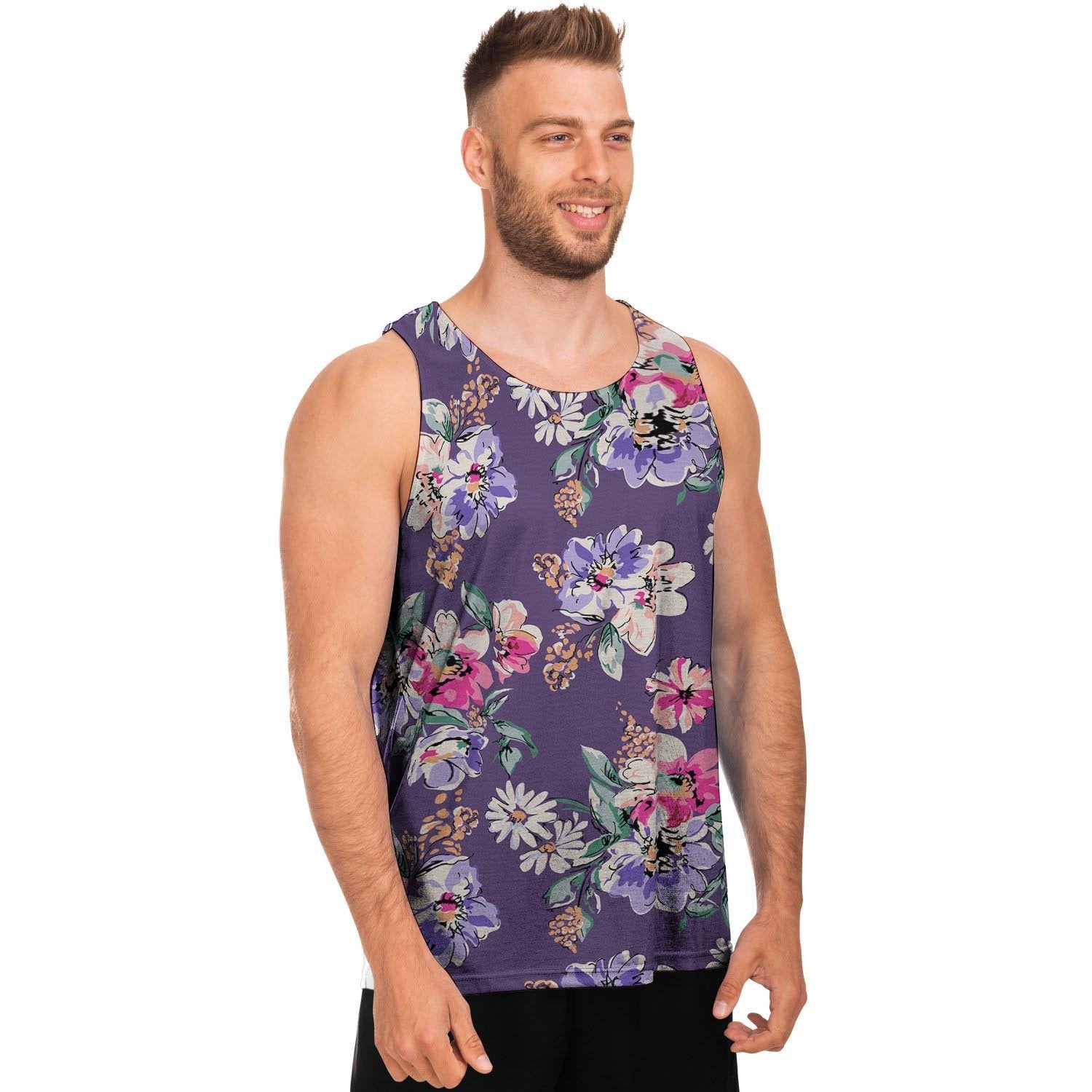 Purple Floral Print Men's Tank Tops-grizzshop