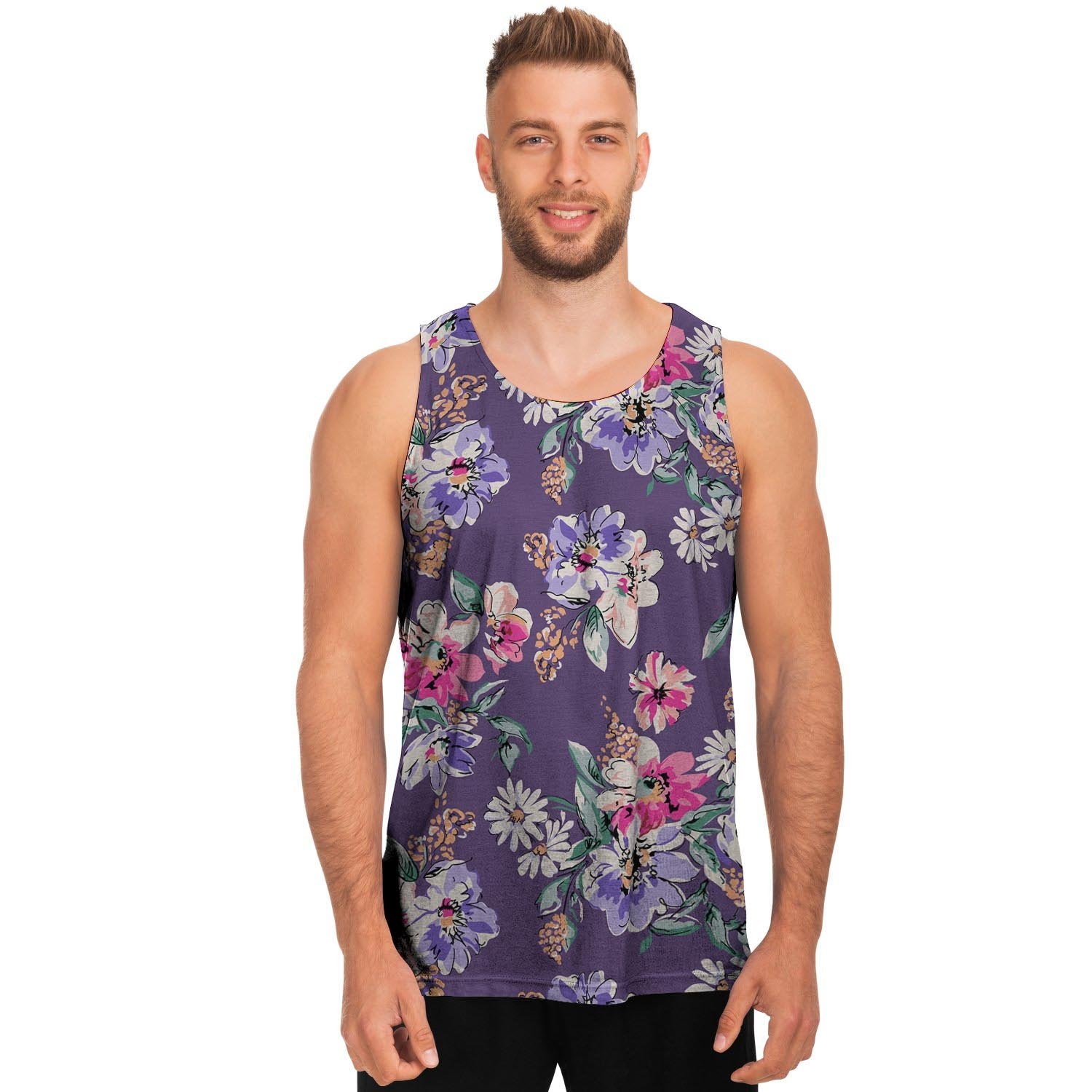Purple Floral Print Men's Tank Tops-grizzshop