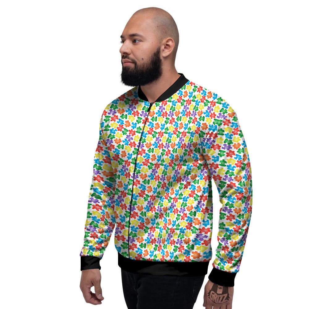 Puzzle Autism Awareness Print Men's Bomber Jacket-grizzshop