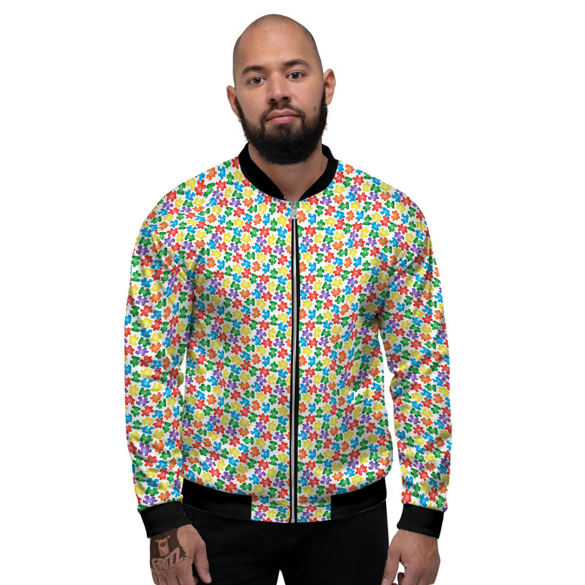 Puzzle Autism Awareness Print Men's Bomber Jacket-grizzshop