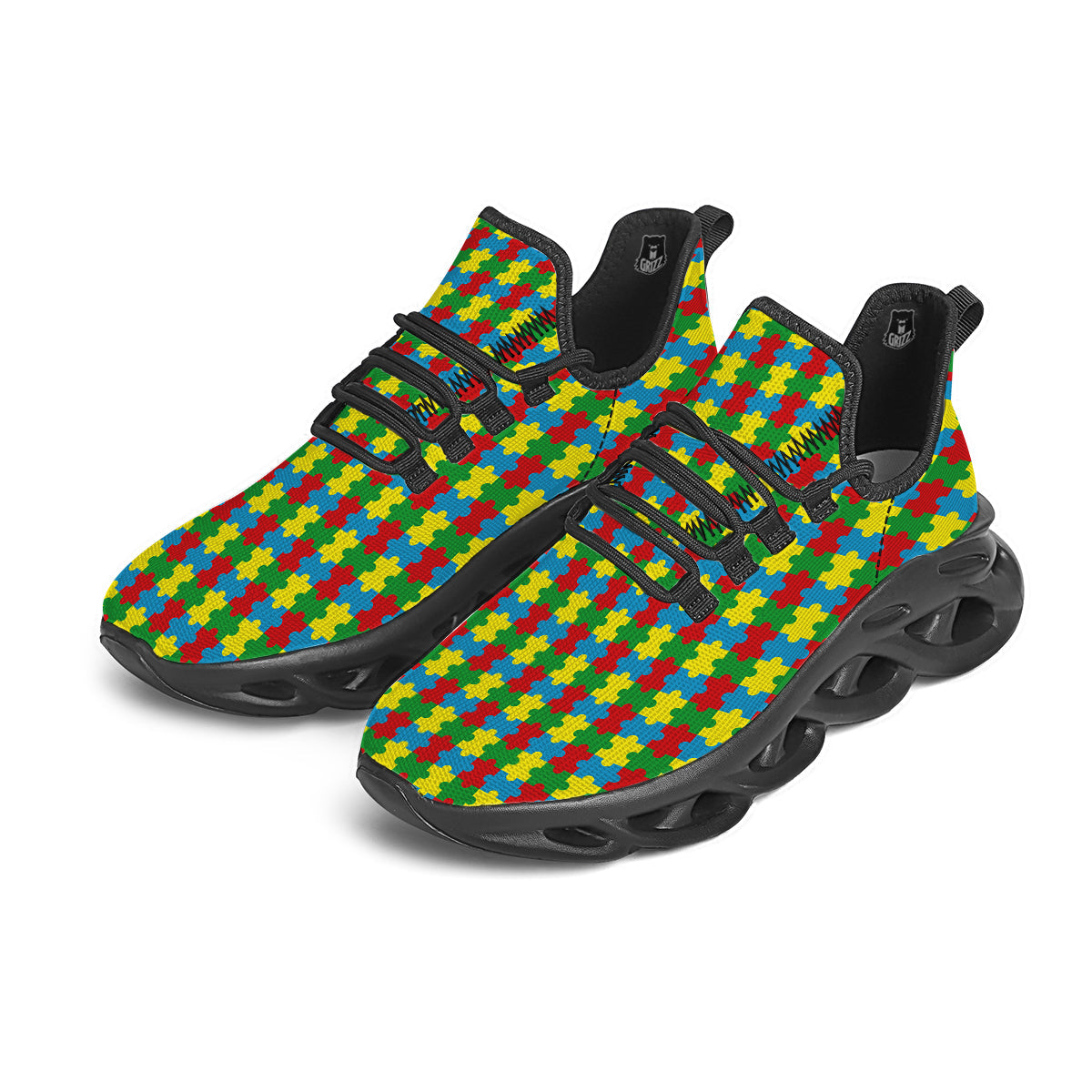 Puzzle Autism Awareness Print Pattern Black Running Shoes-grizzshop
