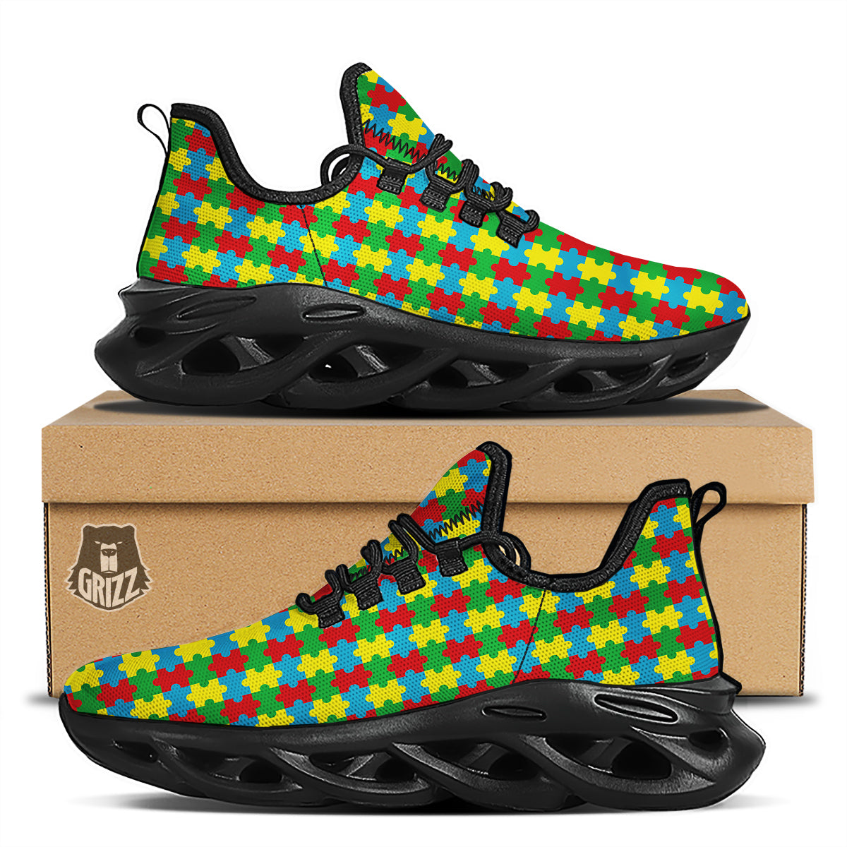 Puzzle Autism Awareness Print Pattern Black Running Shoes-grizzshop