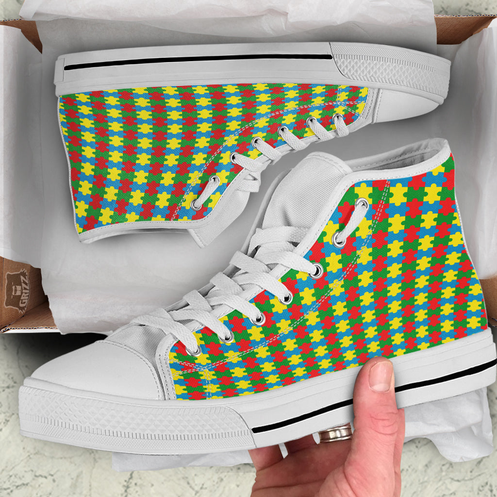 Puzzle Autism Awareness Print Pattern White High Top Shoes-grizzshop
