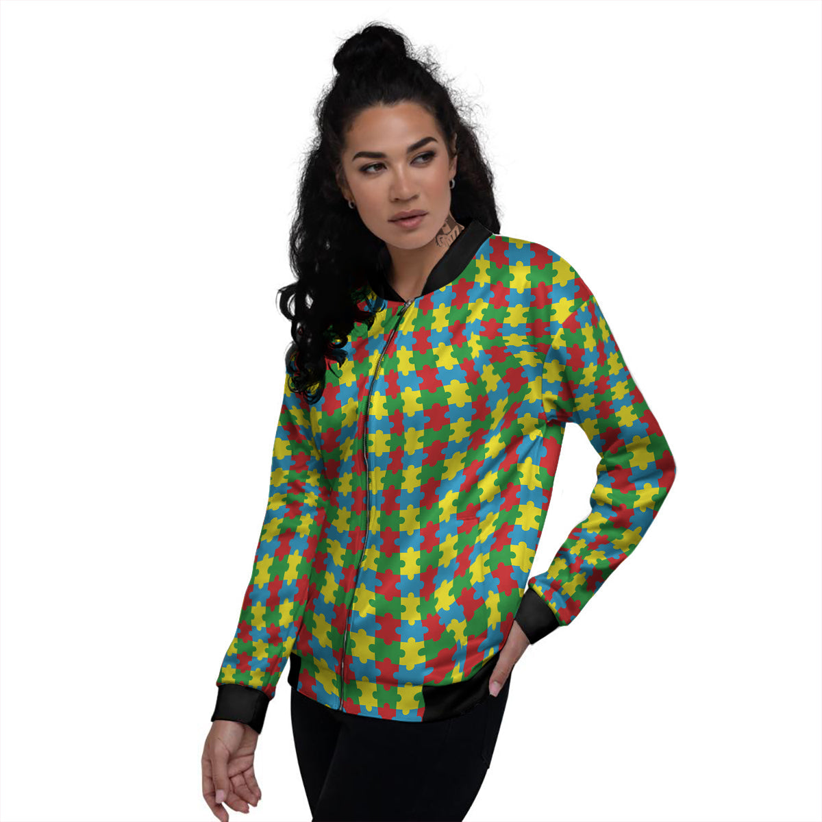 Puzzle Autism Awareness Print Pattern Women's Bomber Jacket-grizzshop